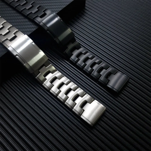 Metal watch strap for Garmin Fenix Jiaming in black, silver, titanium colours, showing 22mm and 26mm width options.