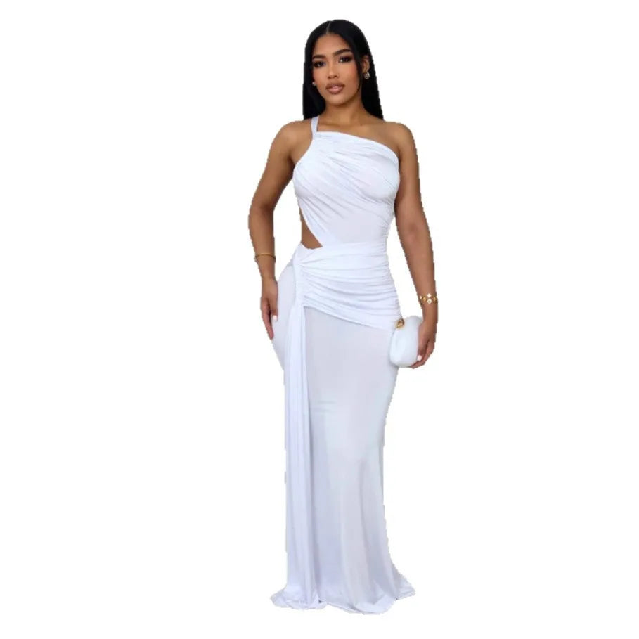 Women's solid colour one shoulder pleated long dress in milk silk polyester on a mannequin