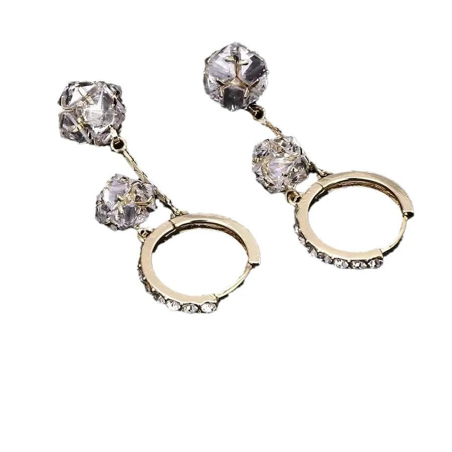 Silver confession balloon drop earrings with rhinestone balls and double pendant design