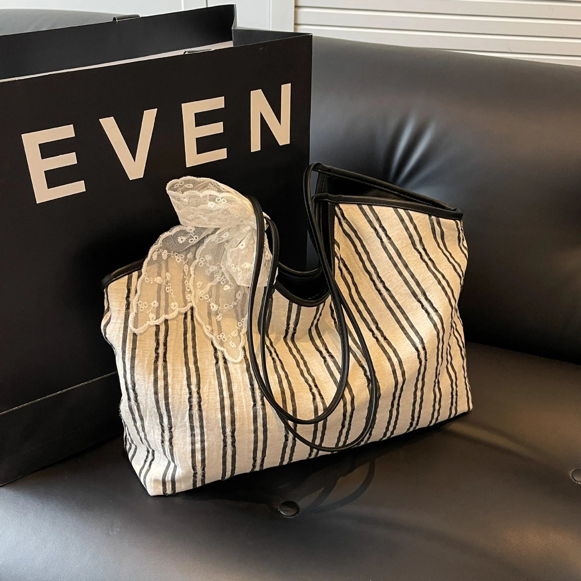 Striped cloth simple Korean style bucket shoulder messenger bag for women with peach skin lining and beige ribbon scarf