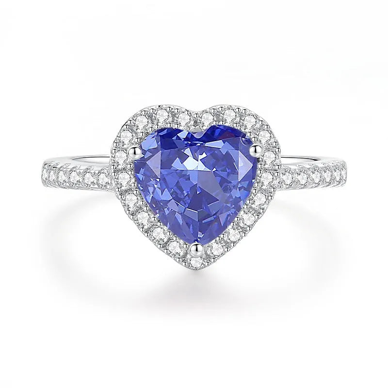 925 sterling silver ring with a heart-shaped Tanzanite colour zircon stone in an ice flower cut.
