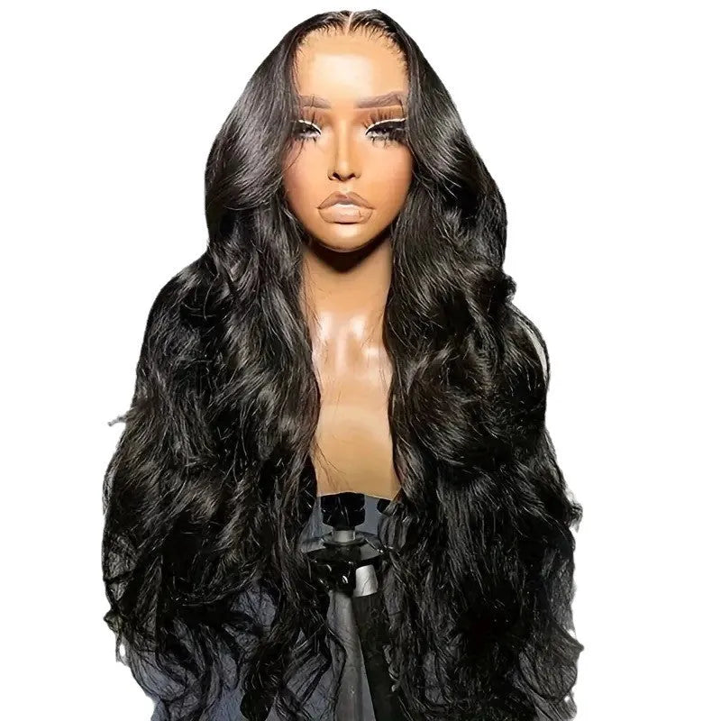 Black lace front synthetic wig with big wavy hairstyle on a model.