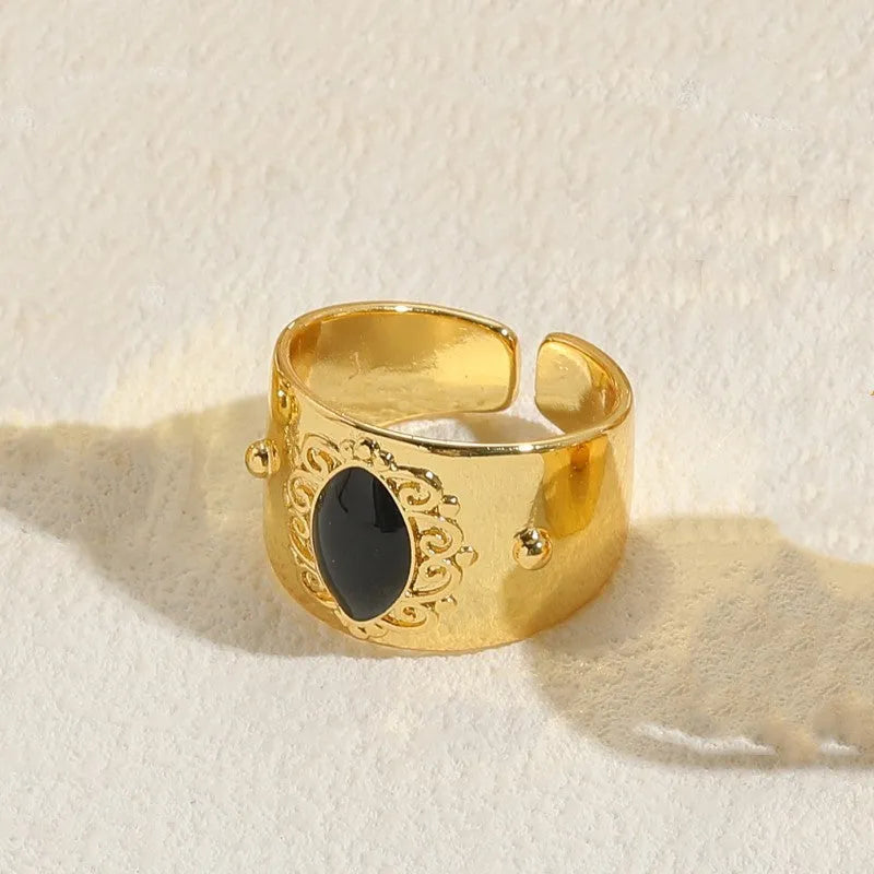 Vintage geometric ring with Chinese styling in horse eye black colour on electroplated copper