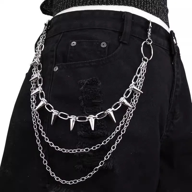 Silver metal dark punk rivet chain belt with double layer phants zipper design for trousers