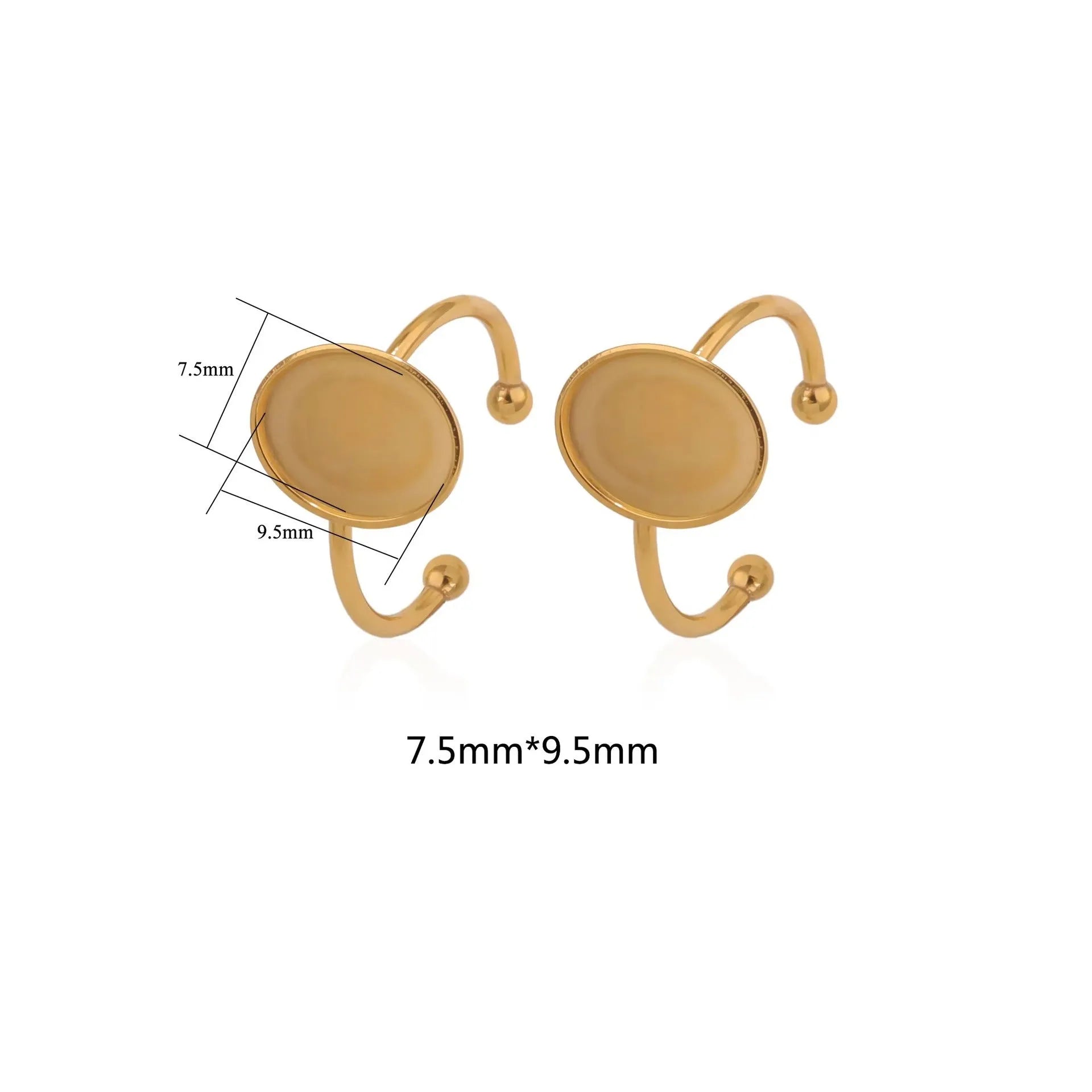 Assortment of golden stainless steel DIY jewellery settings in oval, heart, round, square, and rectangle shapes with totem pattern.