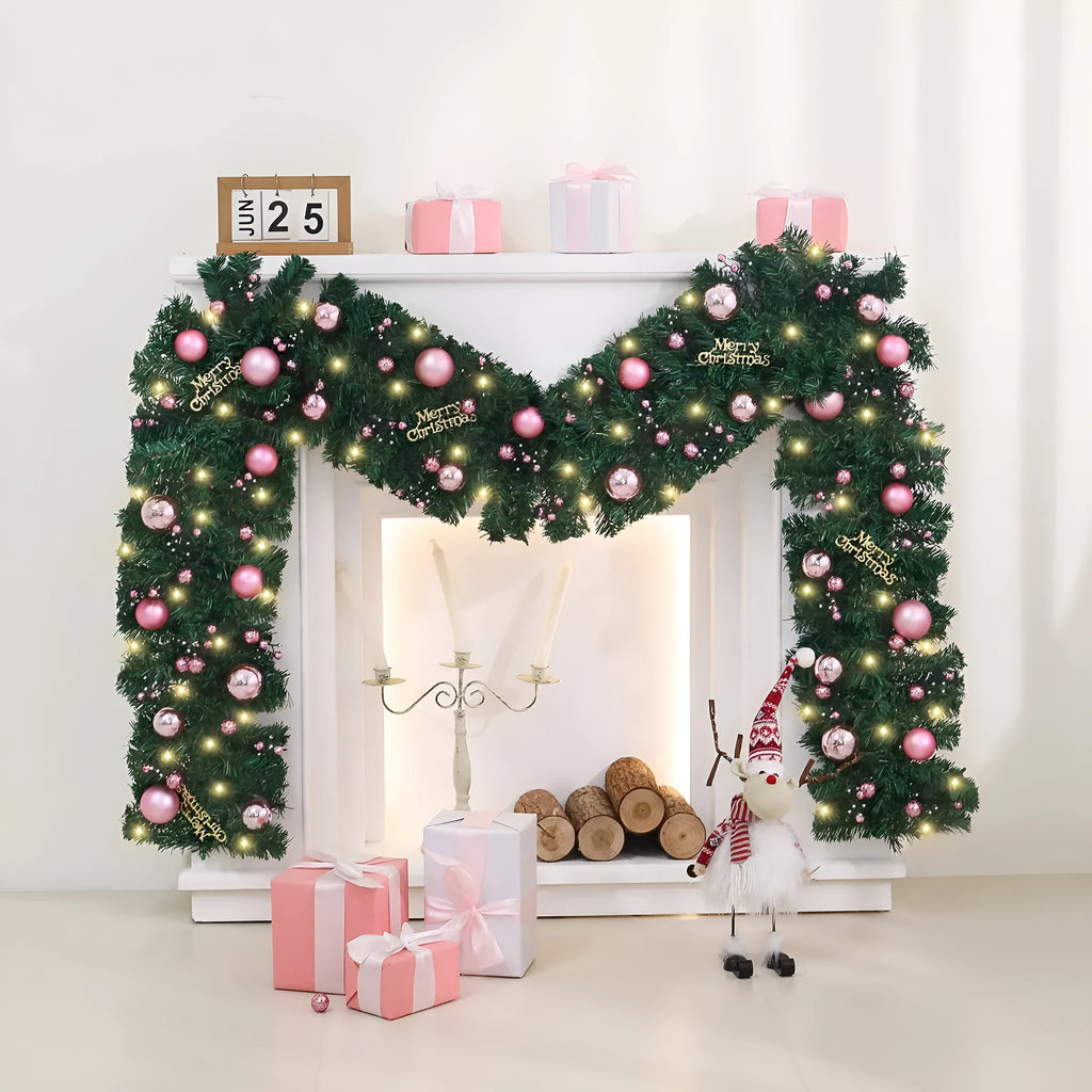 2.7 metre pink artificial rattan Christmas vine decoration with small fruit accents and LED lights