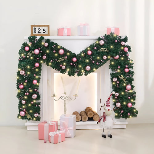 2.7 metre pink artificial rattan Christmas vine decoration with small fruit accents and LED lights