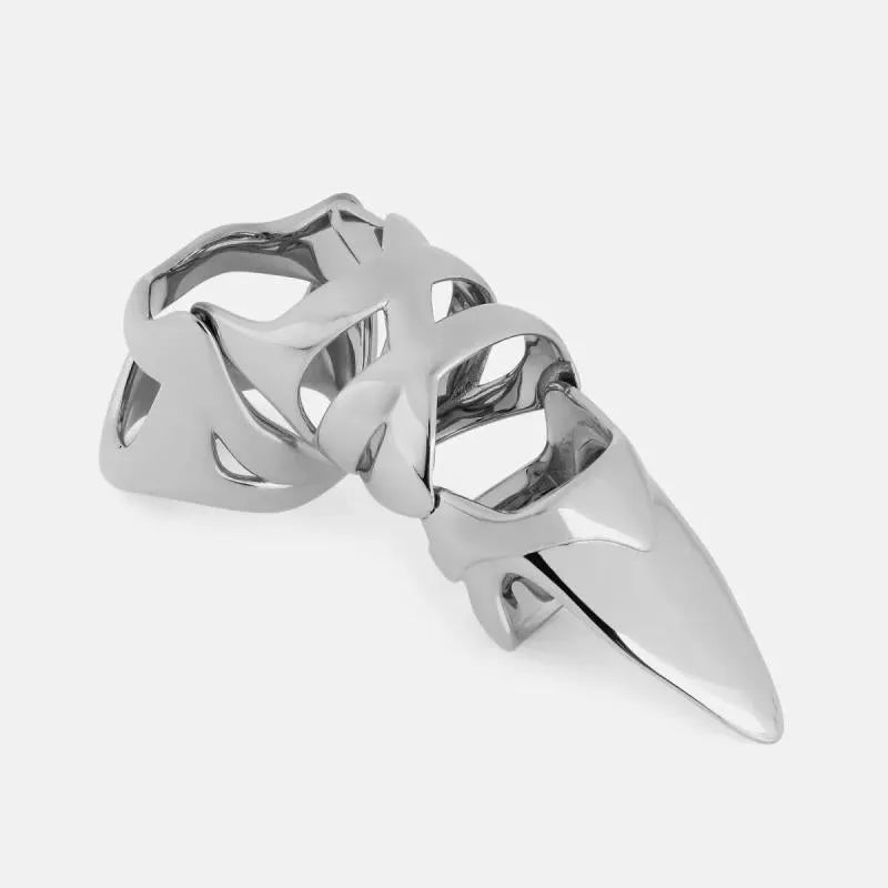 Silver-coloured punk armour finger stall ring made from alloy.