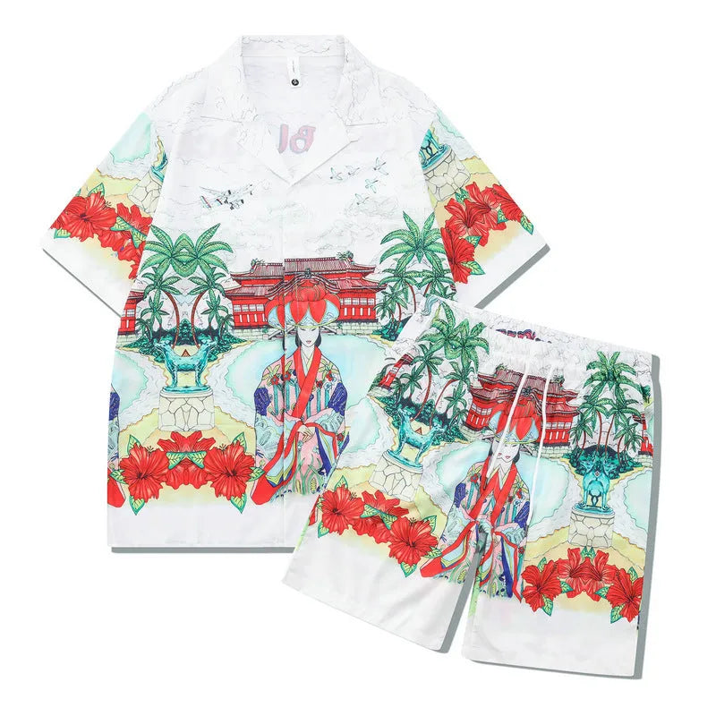 Plaid print beach outfit with matching short sleeve shirt and trousers on a mannequin