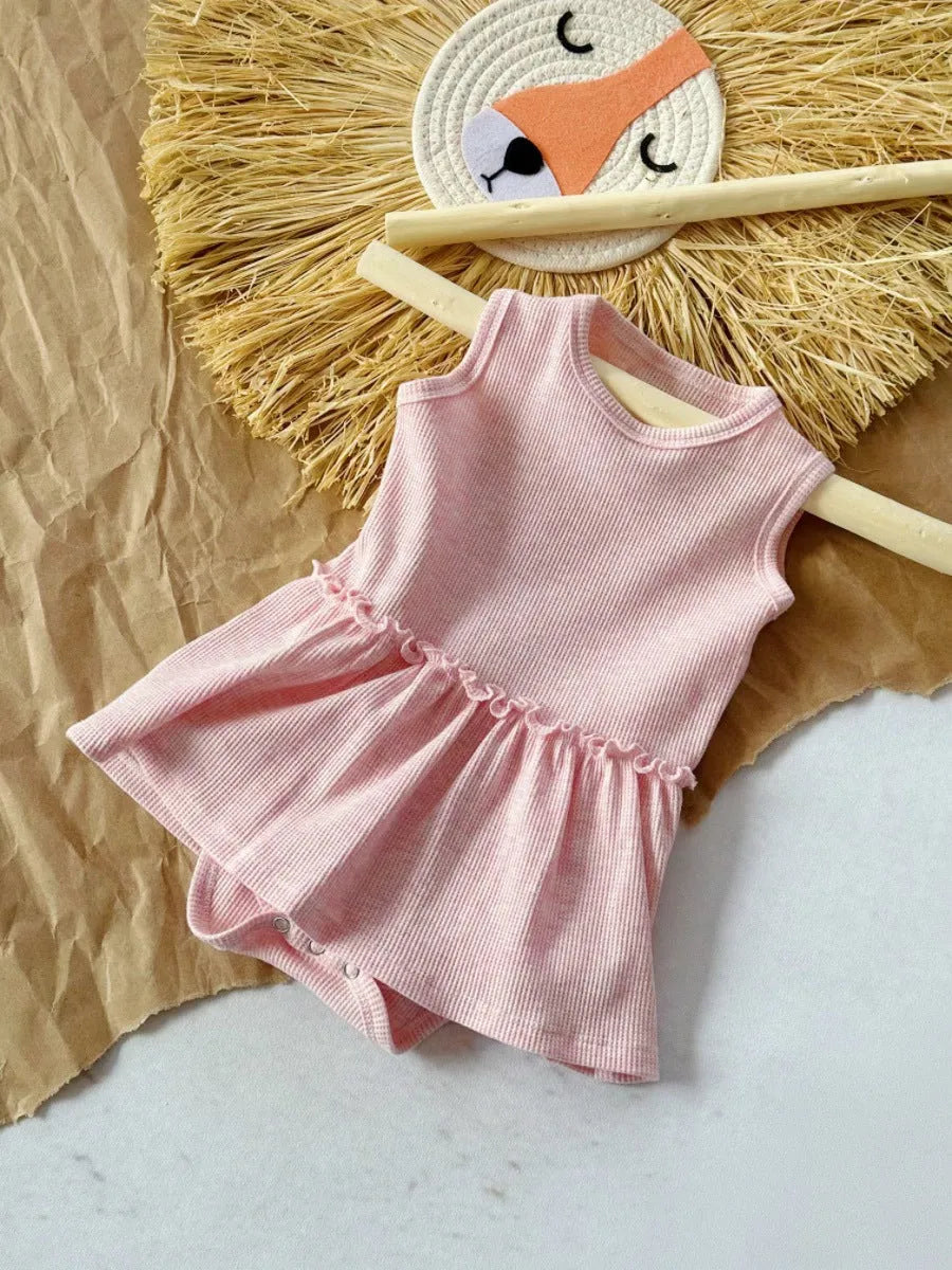 Baby girl sleeveless cotton waffle vest onesie in triangle jumpsuit style, three colour options available