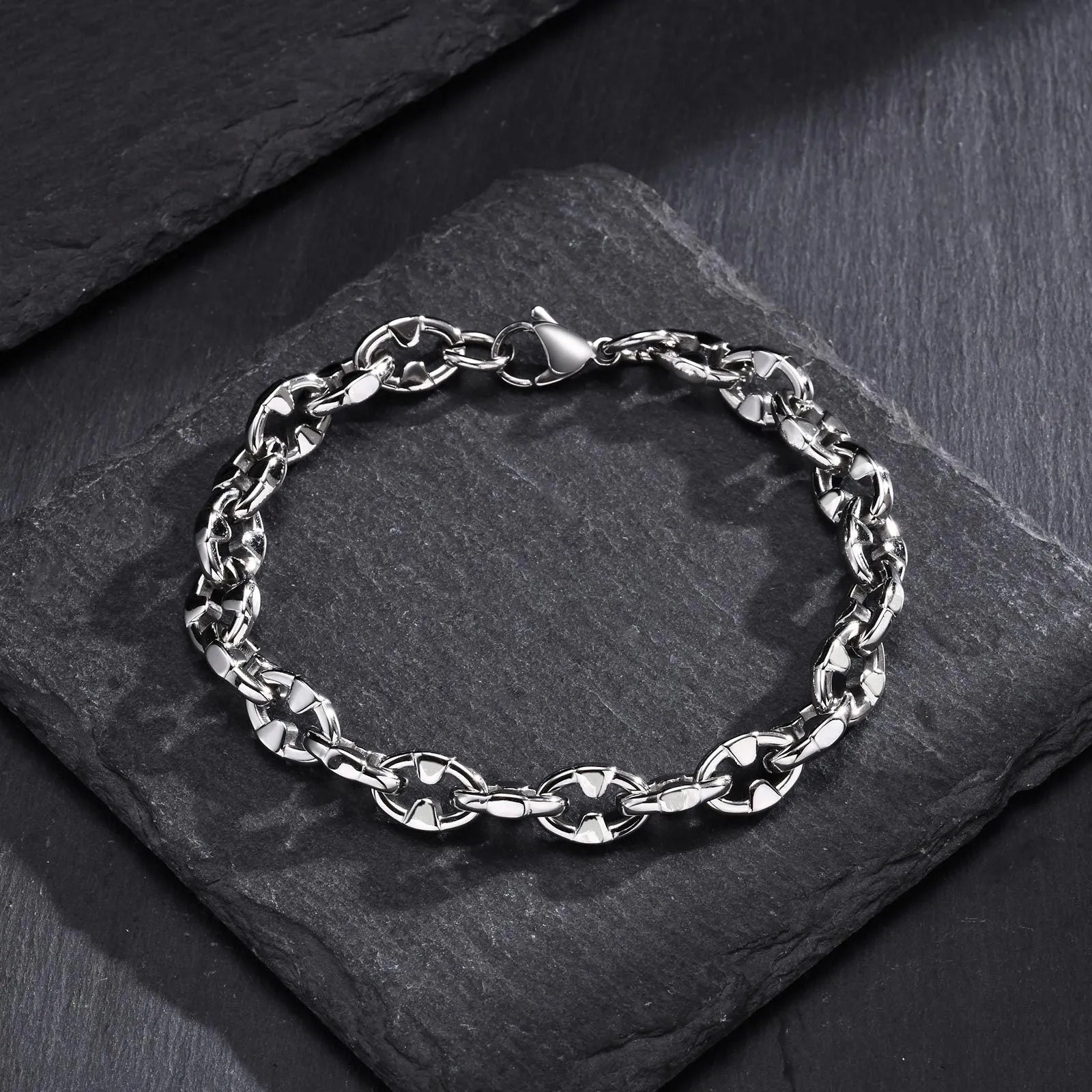 Men's stainless steel thick chain bracelet with geometric links for hip hop style