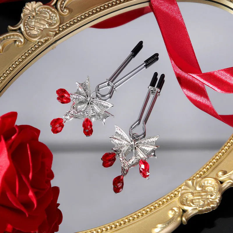 Silver adjustable bat nipple clamp with ruby clip design for intimate jewellery
