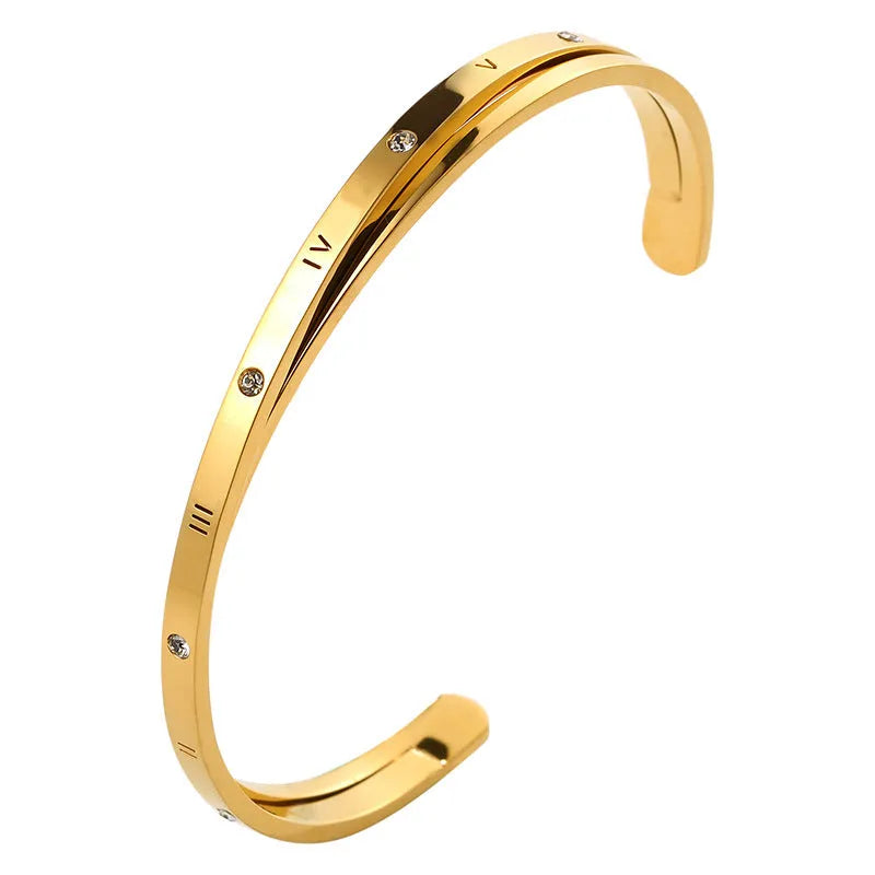 Open-ended adjustable bracelet with inlaid zircon detailing on love theme in rose gold steel colours