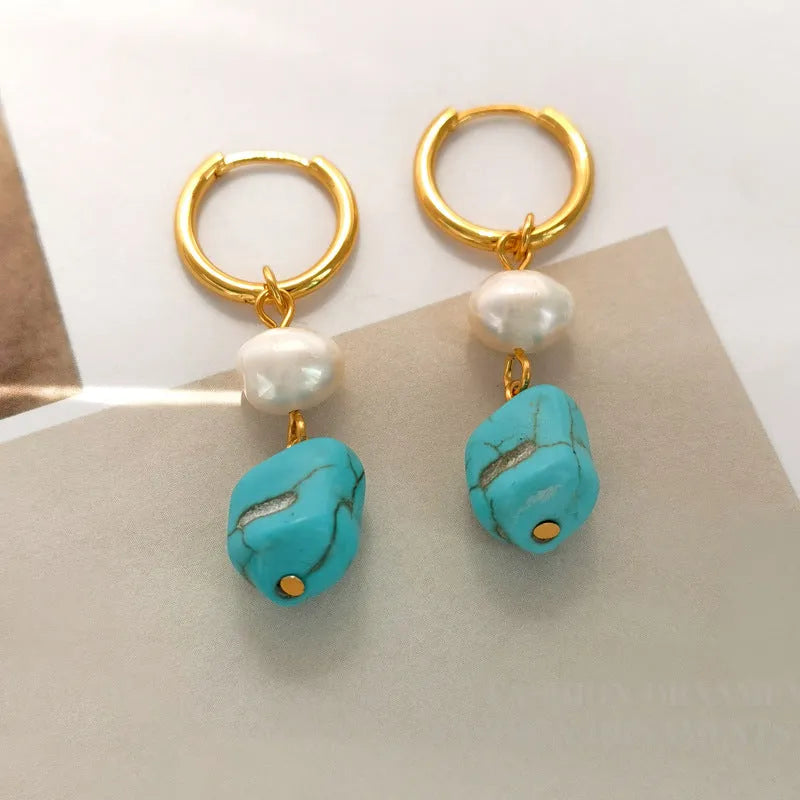 Copper geometric ear clips with cultured pearls and irregular turquoise stones for women