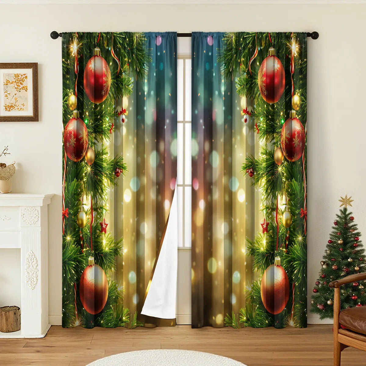 3D digitally printed Christmas curtain pair showing festive patterns on polyester fabric with sunshade properties