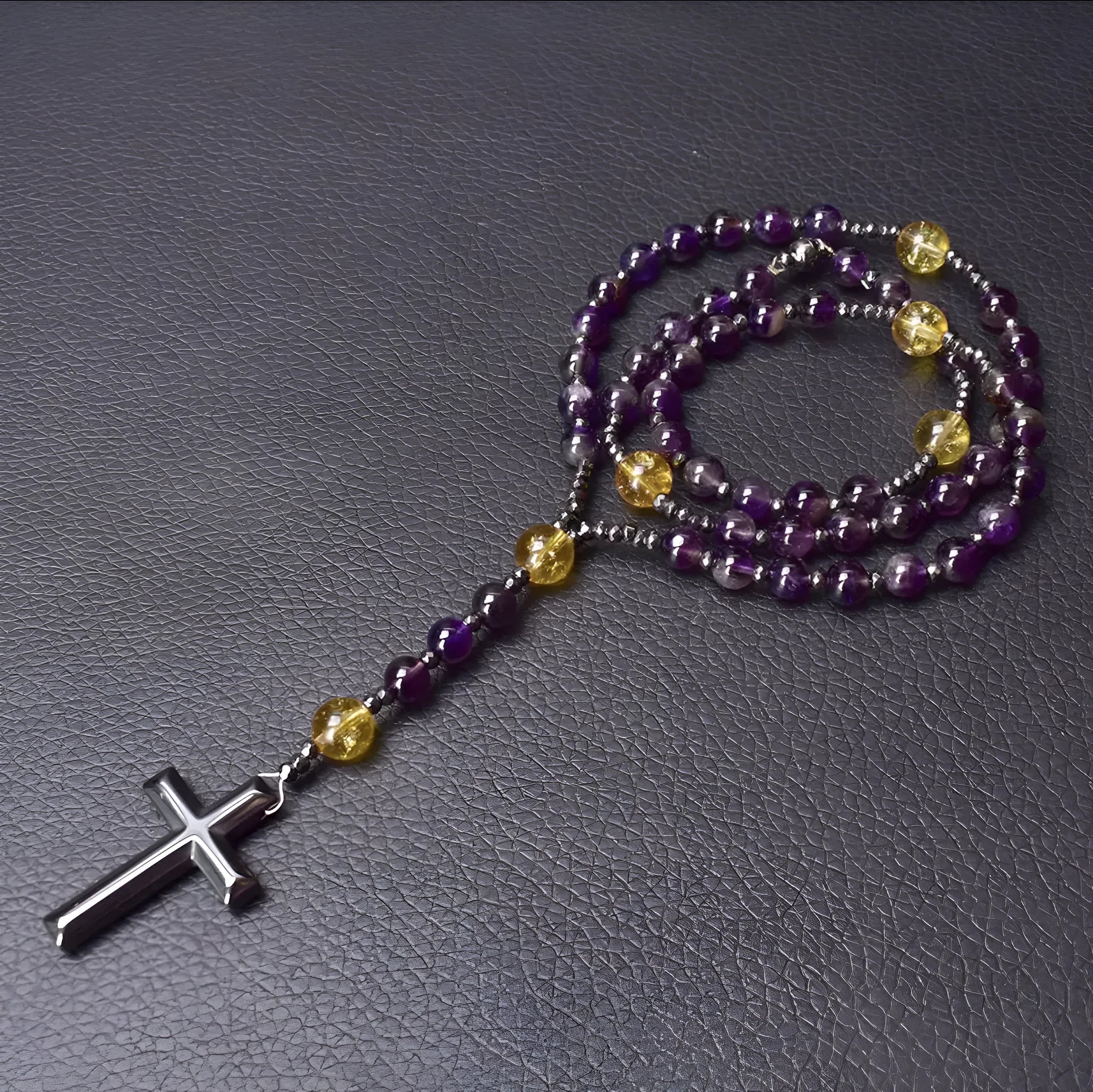 Men's stone cross pendant necklace with ball bead chain and safety lock clasp