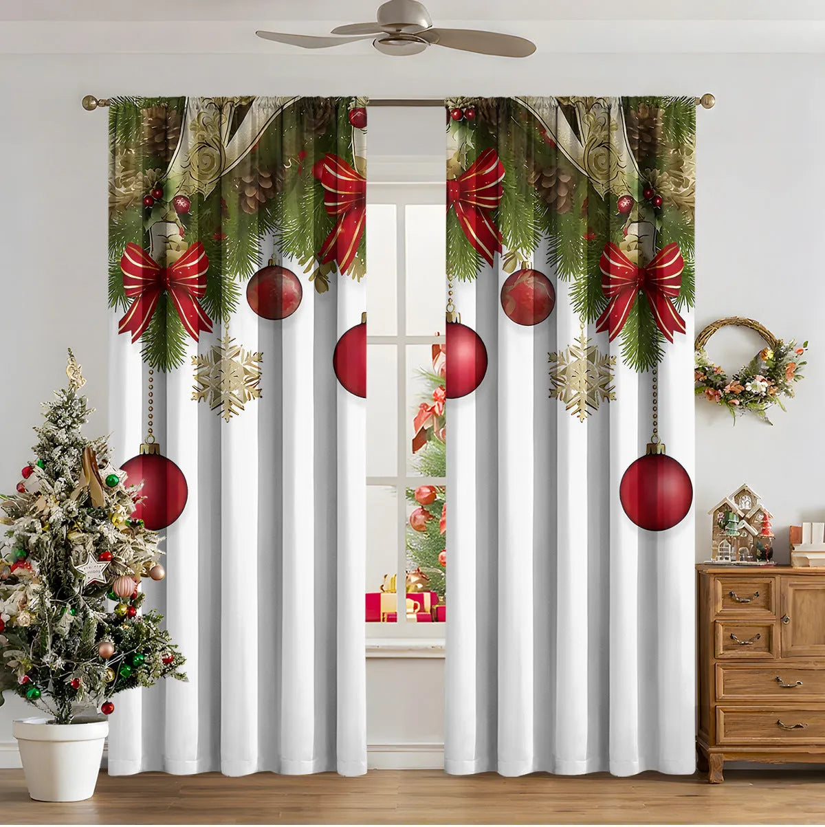 3D digitally printed Christmas curtain panel in a modern style, made from polyester fabric.