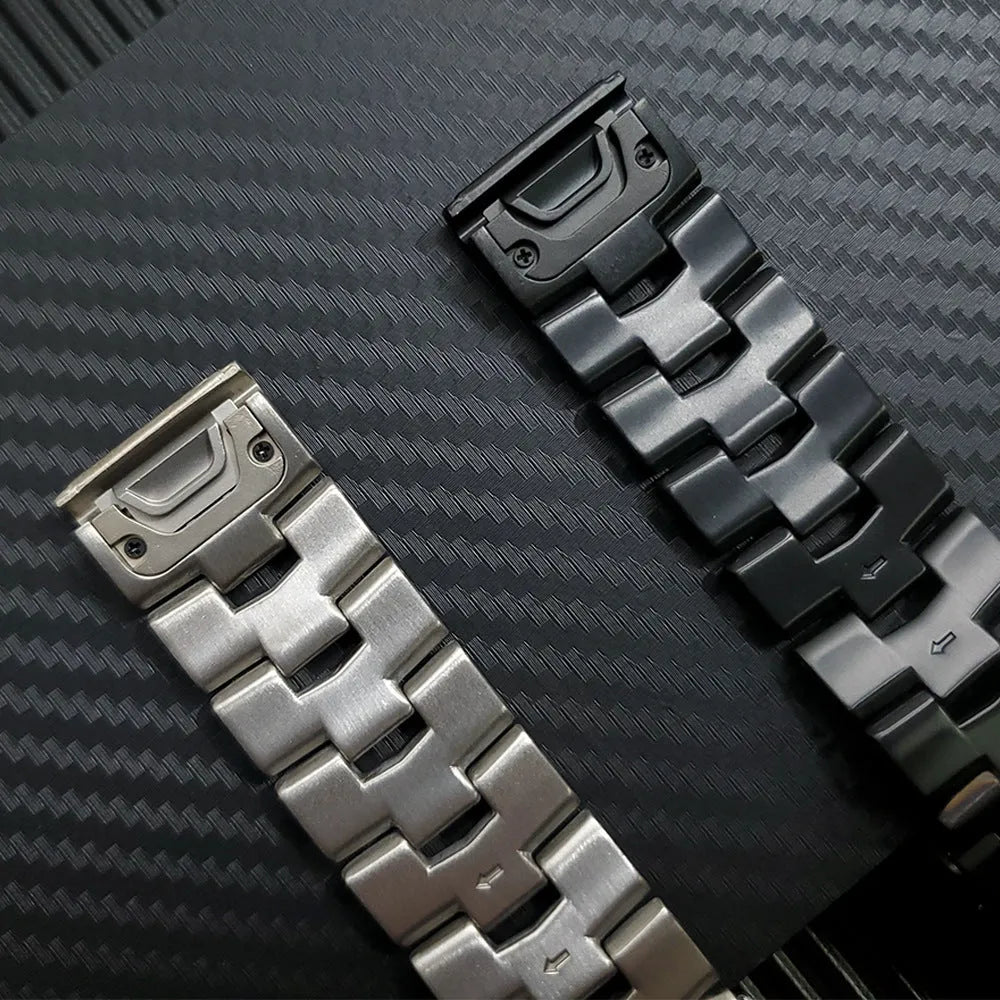 Metal watch strap for Garmin Fenix Jiaming in black, silver, titanium colours, showing 22mm and 26mm width options.