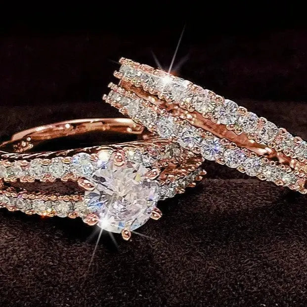2-in-1 women's fashion ring set with fully-jewelled geometric and round designs in gold, rose gold, and silver colours