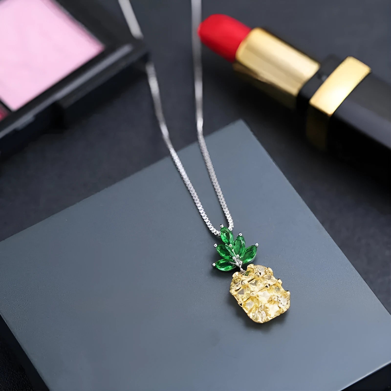 Silver Korean fashion necklace with pineapple and diamond pendant charms and geometric design