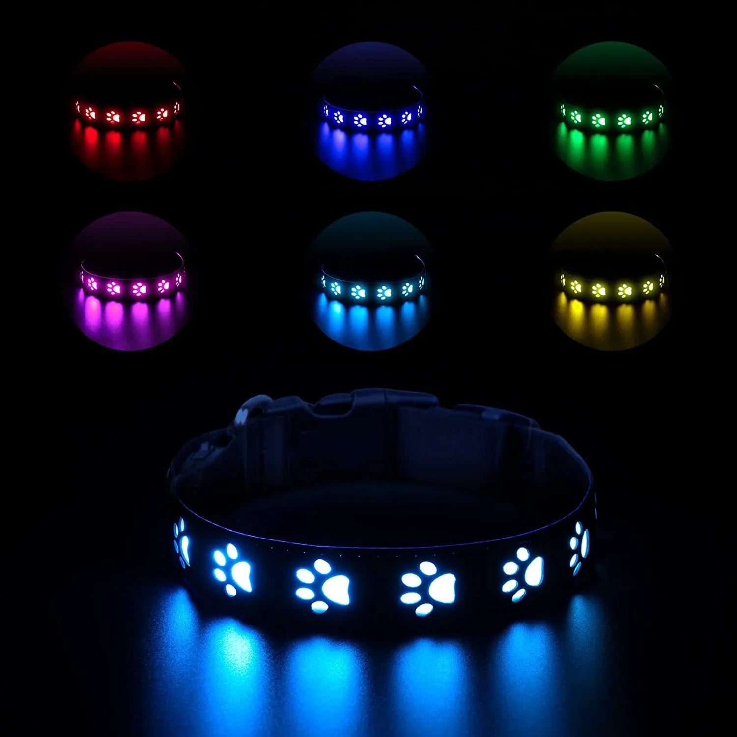 USB rechargeable LED pet collar showing seven colour modes with paw print design on adjustable polyester band