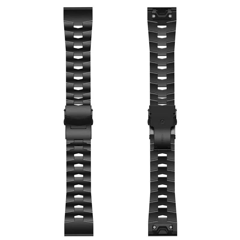 Metal watch strap for Garmin Fenix Jiaming in black, silver, titanium colours, showing 22mm and 26mm width options.