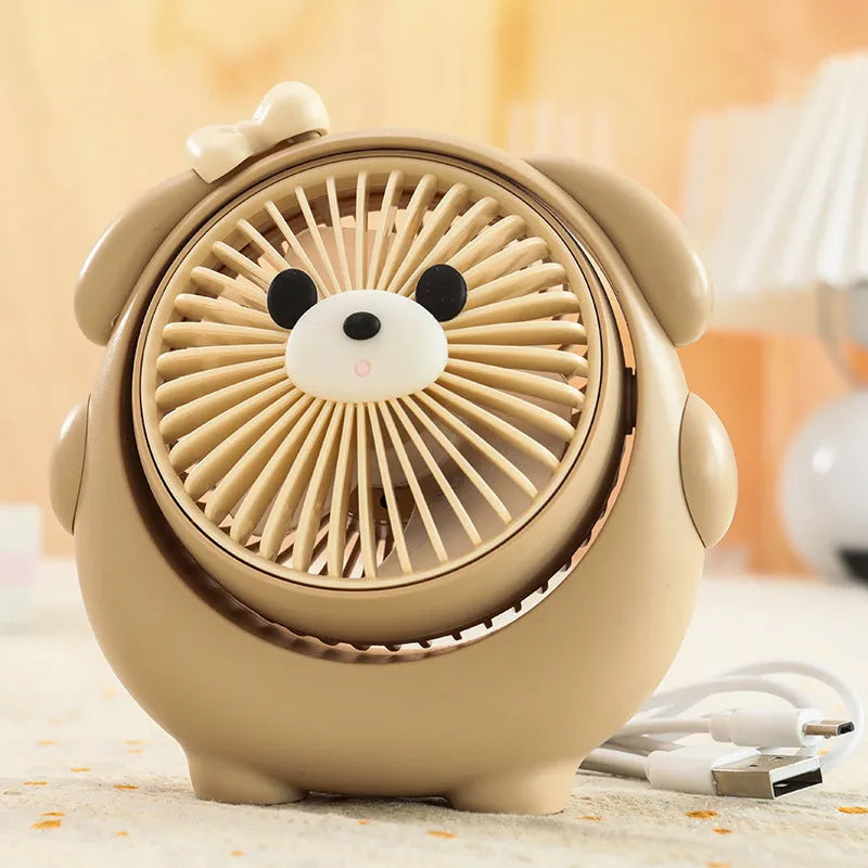 Desktop USB electric fan with cute dog design showing six colour options including bear brown and pink puppy variations