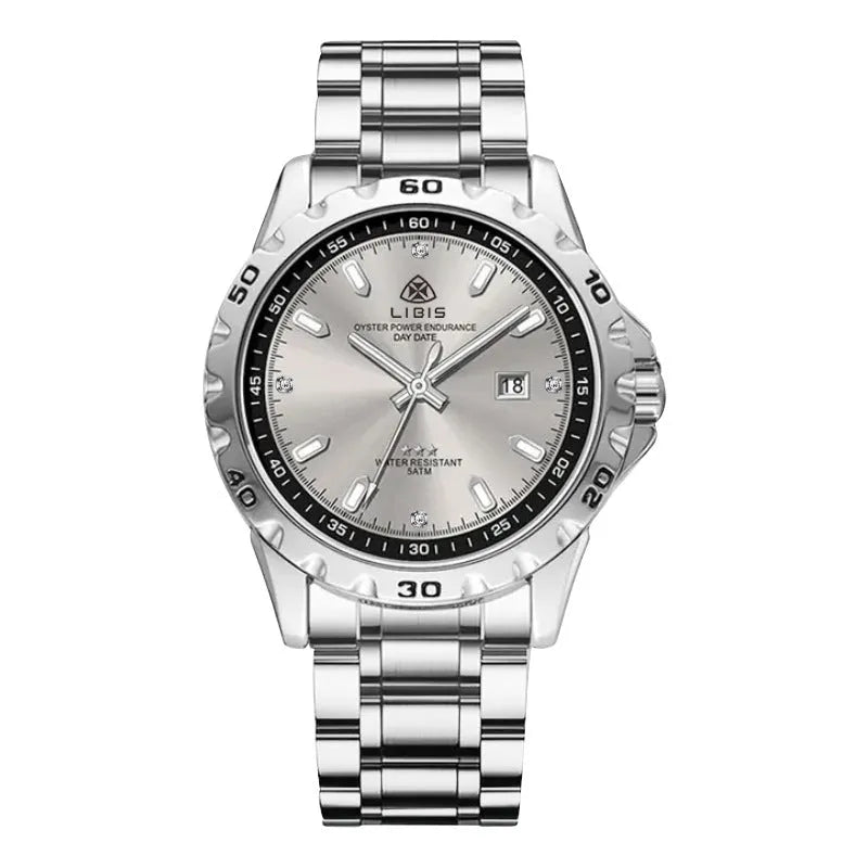 Men's silver quartz watch with luminous dial and stainless steel strap