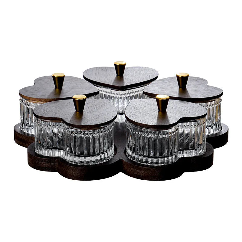 Glass retro style snack platter with heart-shaped lids in 2, 3, 4, or 5-grid configurations for fruit and dim sum.