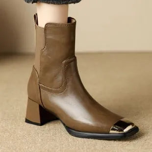 Brown women's high heel Martin ankle boots made of cowhide leather with a side zip.