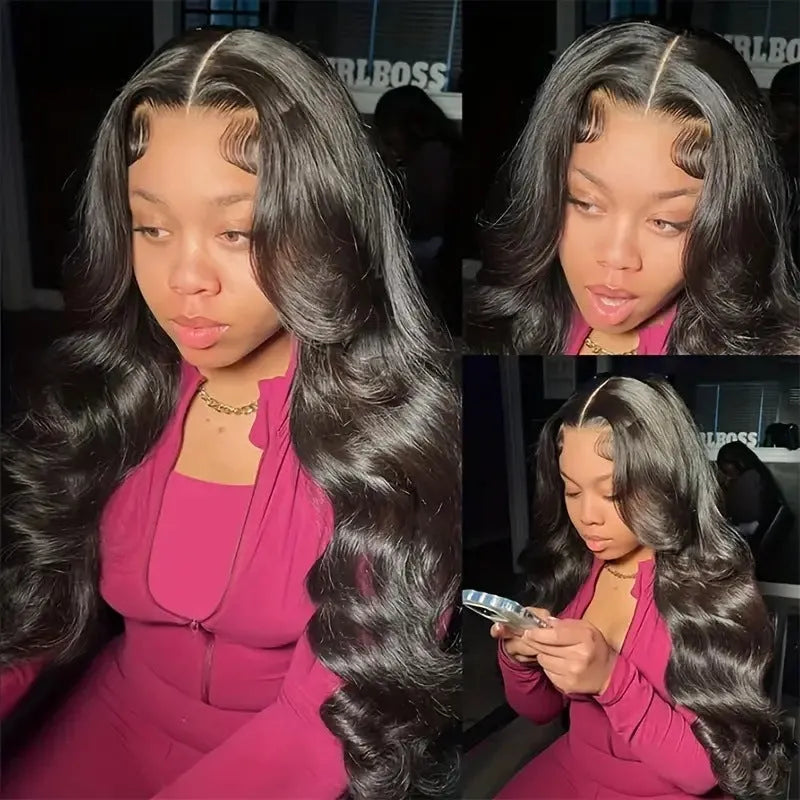 Black lace front synthetic wig with big wavy hairstyle on a model.