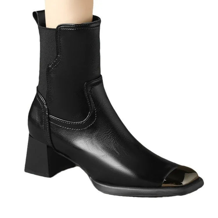 Brown women's high heel Martin ankle boots made of cowhide leather with a side zip.