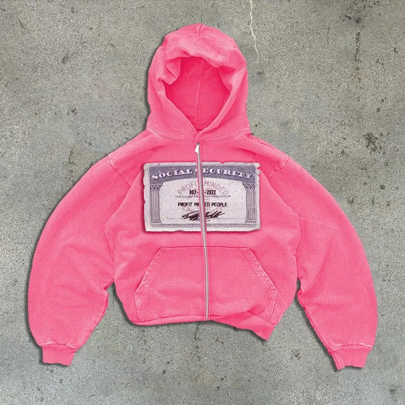 Men's and women's loose fit hooded zipper jacket with letter pattern in black, grey, or pink
