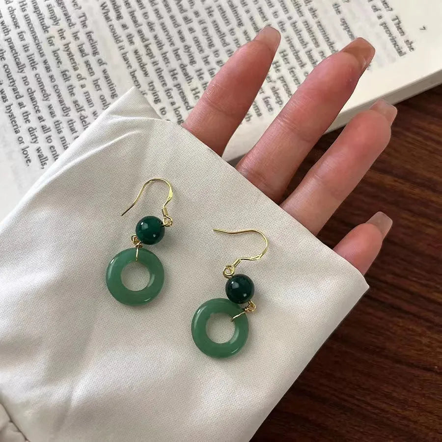 Green geometric peace buckle earrings for Hanfu traditional Chinese costume accessories