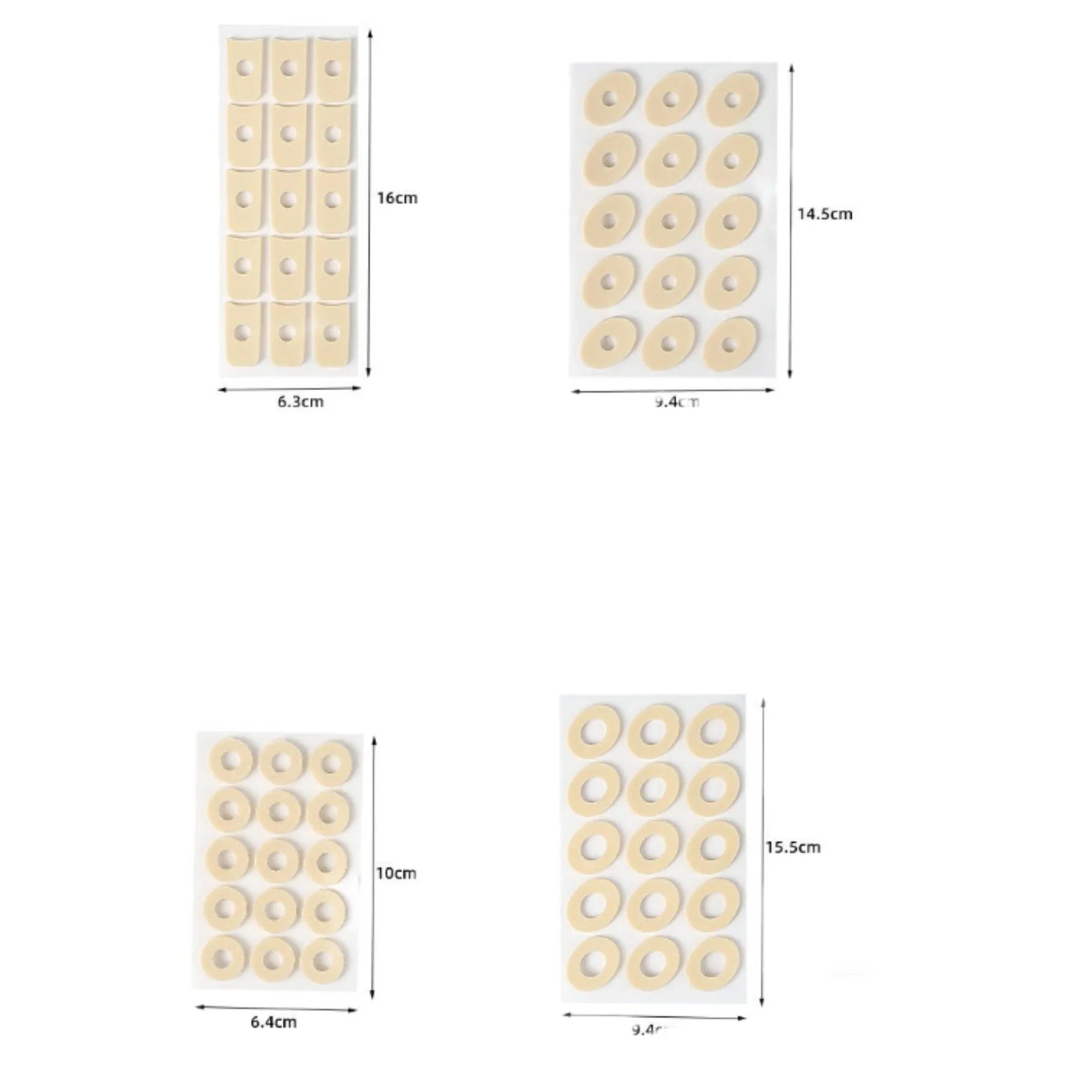 Assorted pack of women's heel corns protective toe pads showing circular, oval, and U-shaped PU adhesive pads.