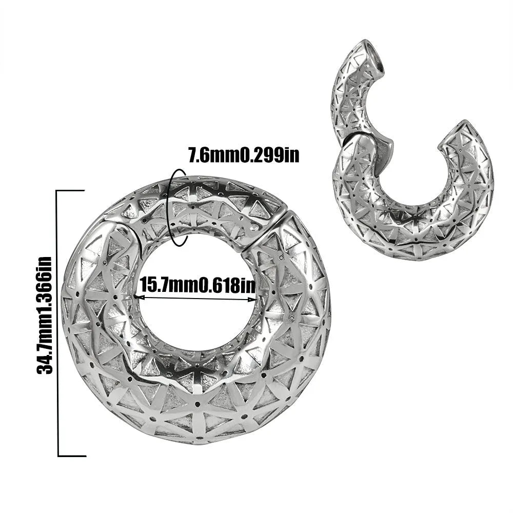 A pair of stainless steel totem pattern earrings with an electroplated finish, shown from the 15 available style options.