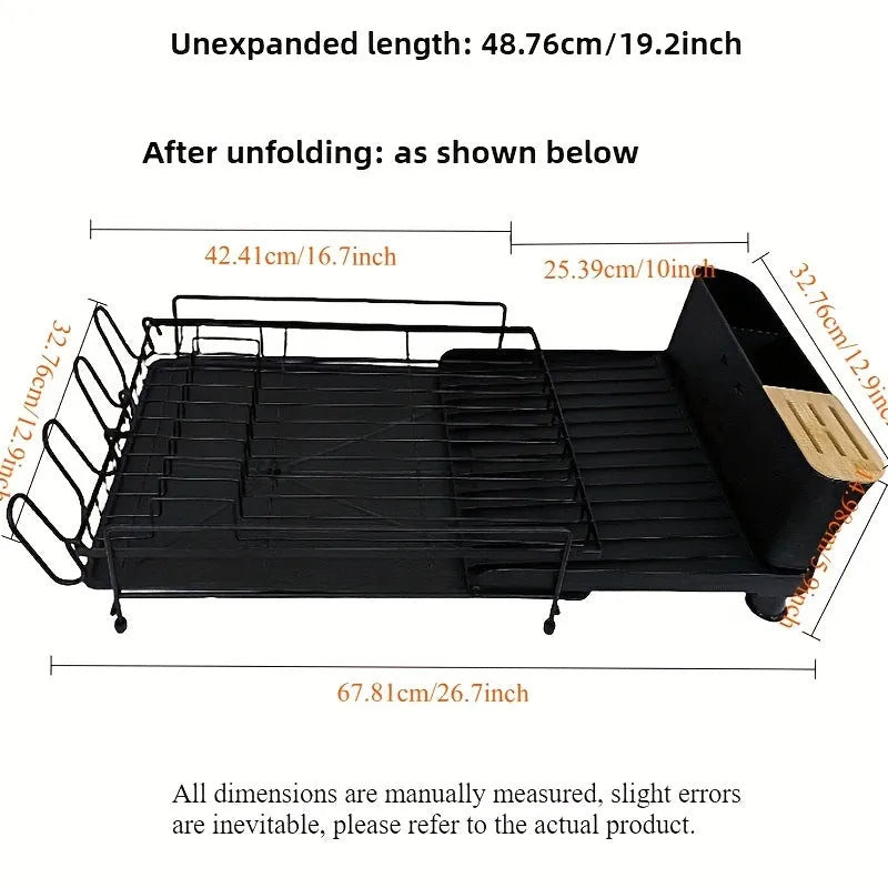 Retractable foldable carbon steel kitchen dish drying rack with detachable cutlery holder.