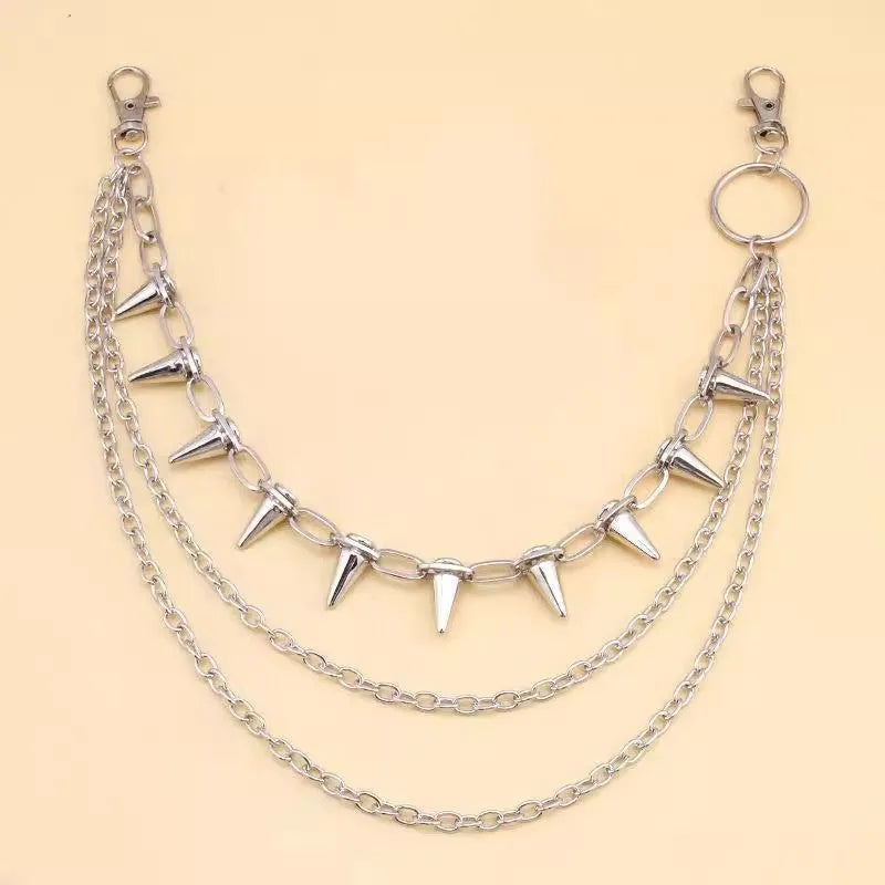 Silver metal dark punk rivet chain belt with double layer phants zipper design for trousers