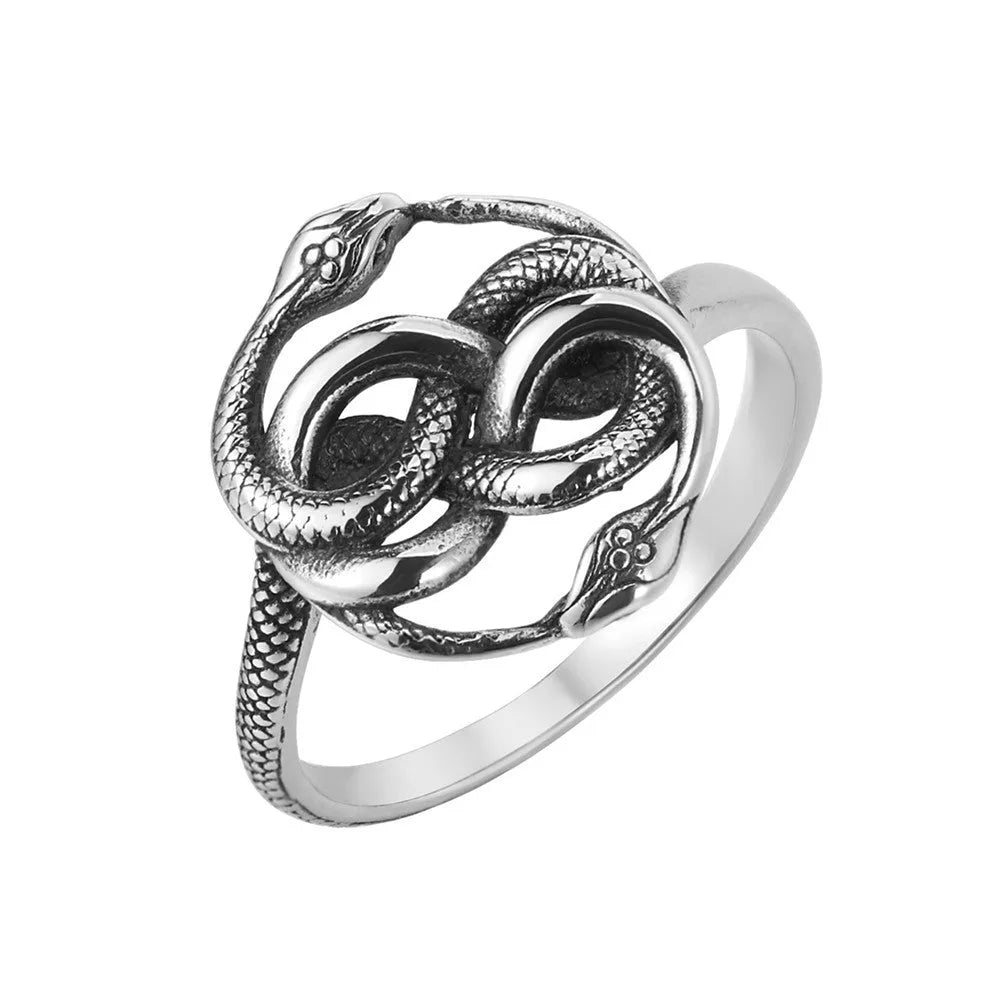 Titanium steel retro double snake ring in steel colour shown on finger