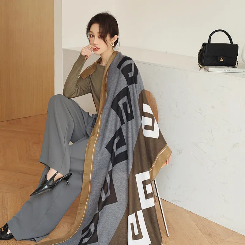 A woman wearing a printed polyester scarf, style 1, measuring 180cm by 90cm.