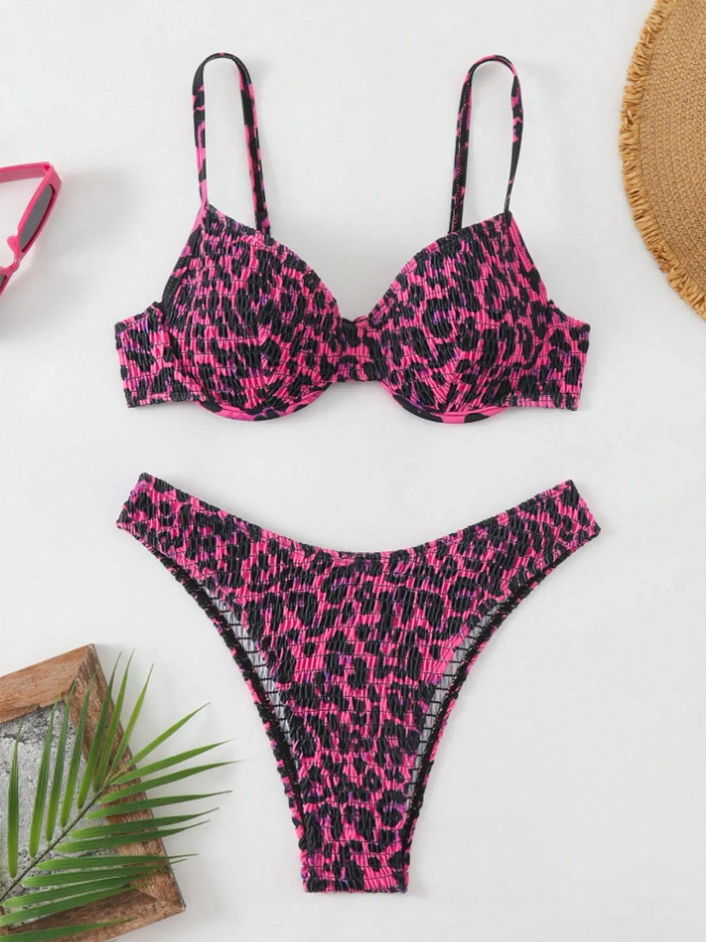Leopard point bikini swimsuit set for women in backless briefs style, shown in brown mixed colour.