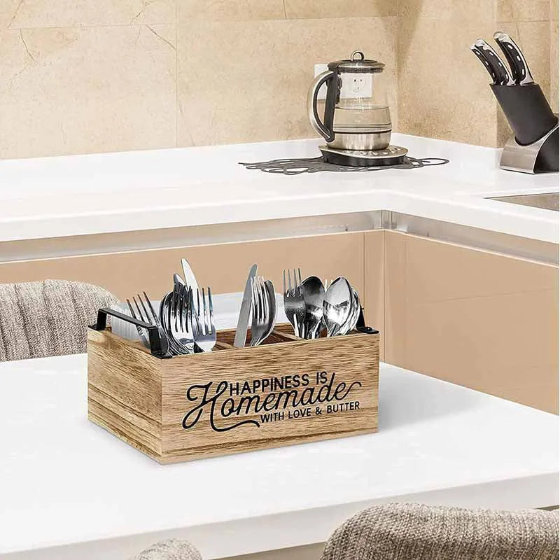 Wooden kitchen storage box with internal grid dividers for cutlery organisation