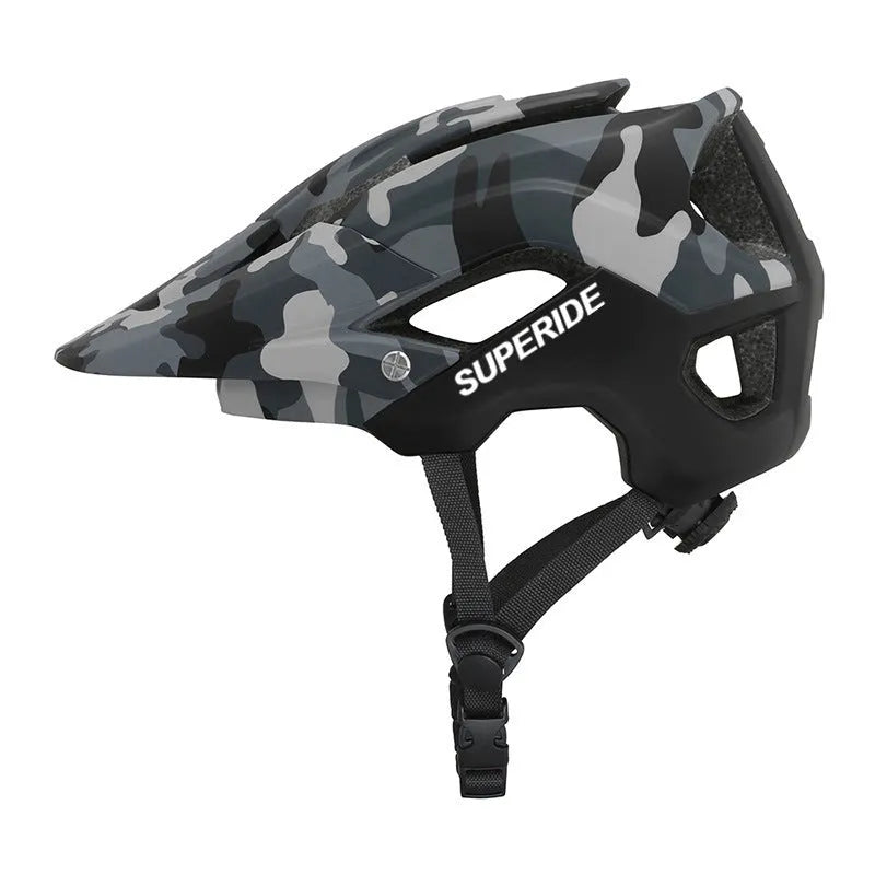 Ultra-light integrated PC adult mountain bike helmet in camouflage colour side view