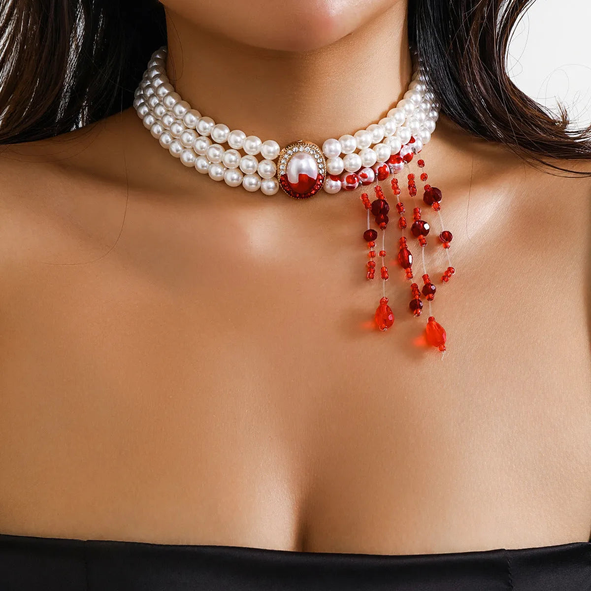 Gold electroplated alloy pearl collar necklace bracelet earrings set in retro gothic style for women