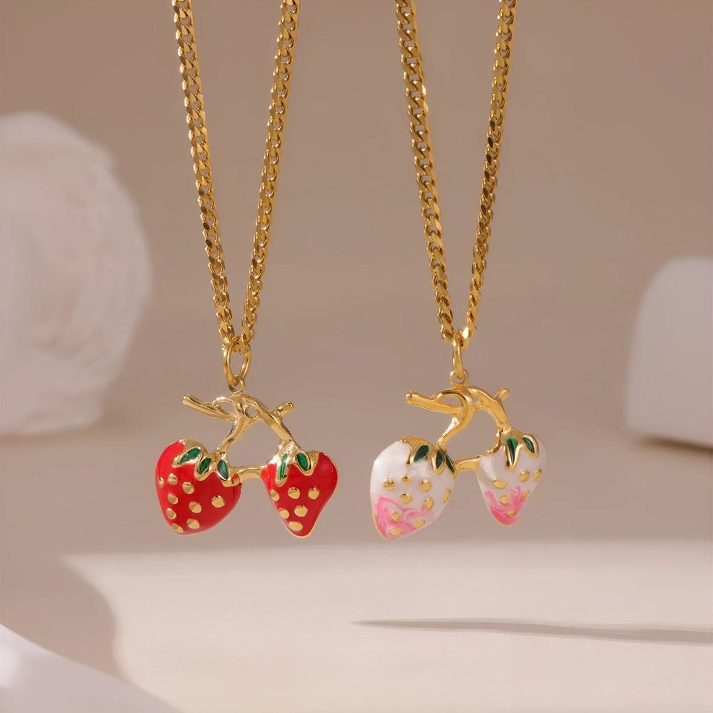 Strawberry-shaped alloy pendant necklace on stainless steel chain in red or white powder gradient colours