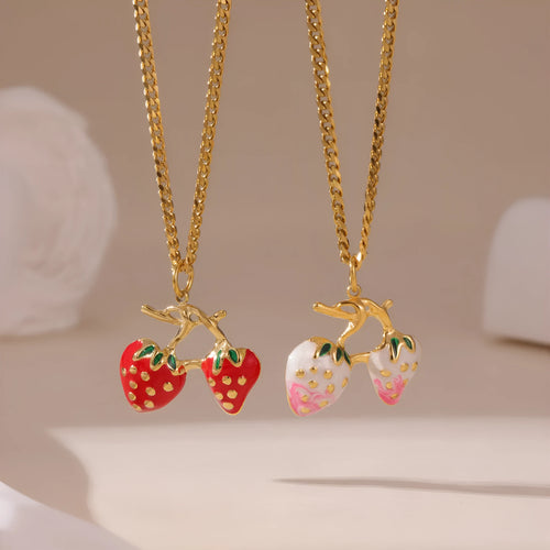 Strawberry-shaped alloy pendant necklace on stainless steel chain in red or white powder gradient colours