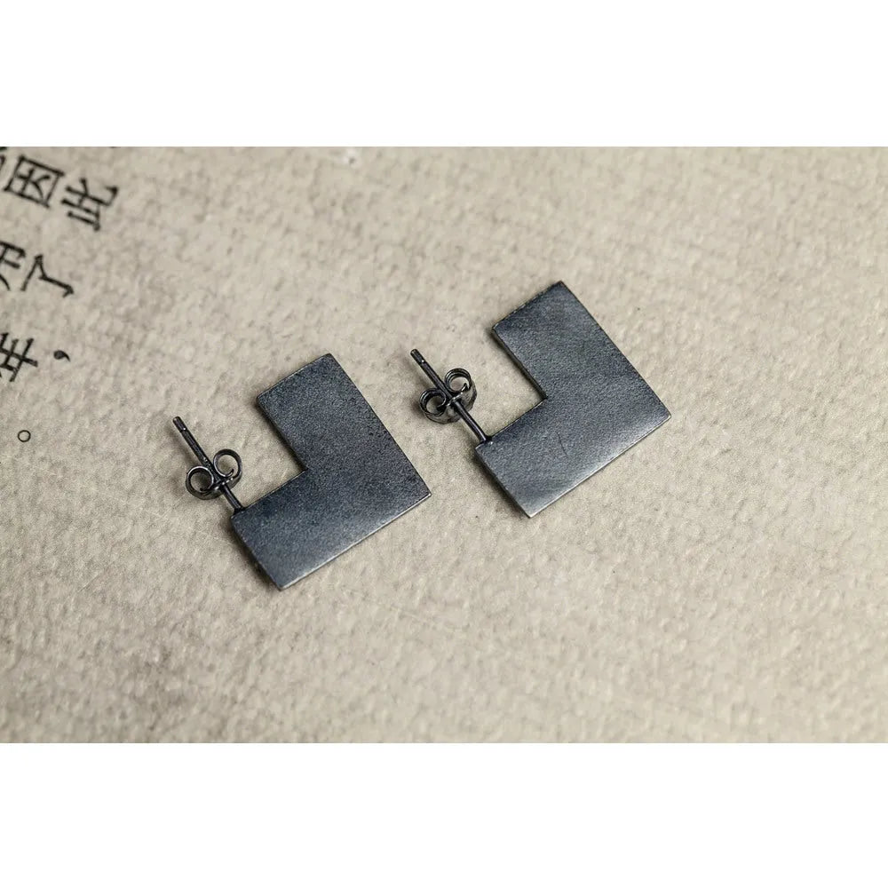 Sterling silver geometric square earrings with black oxidation finish