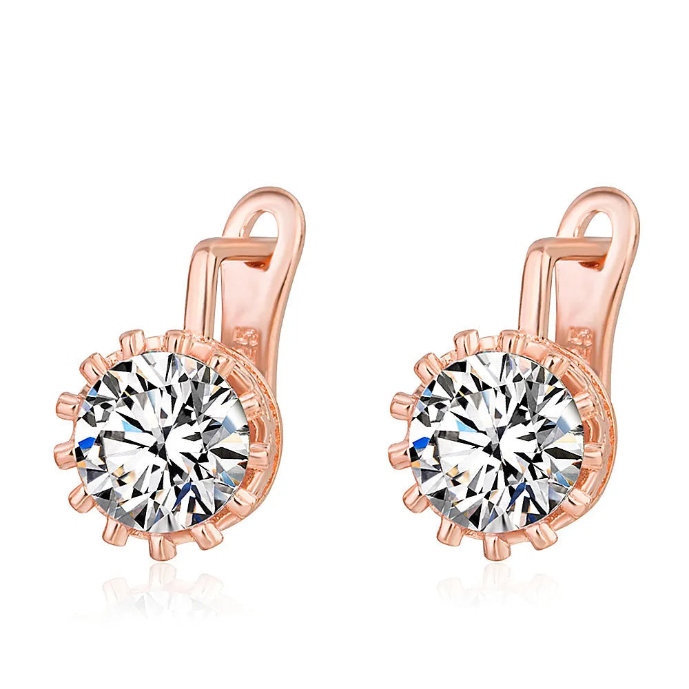 Korean retro crown-shaped clip earrings with white diamond details in rose gold colour