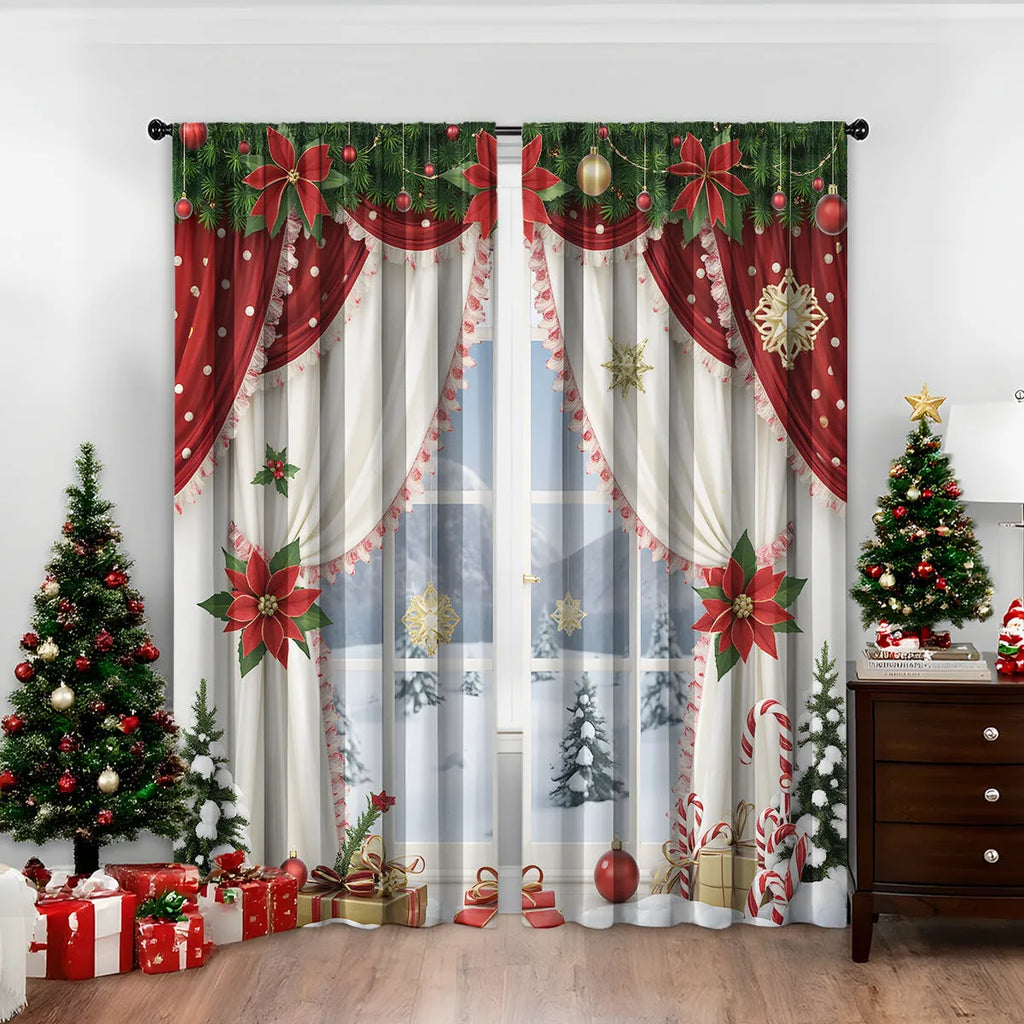 3D digitally printed Christmas curtain pair showing festive patterns on polyester fabric with sunshade properties