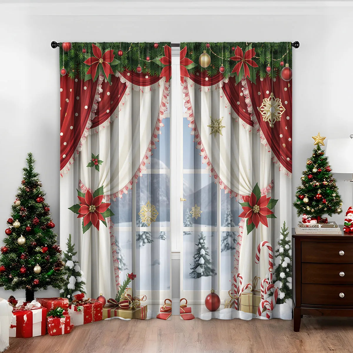 3D digitally printed Christmas curtain pair showing festive patterns on polyester fabric with sunshade properties